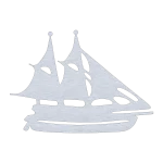Silhouette of a galleon ship with two large sails, made of aluminum with a shiny metallic texture on a black background.